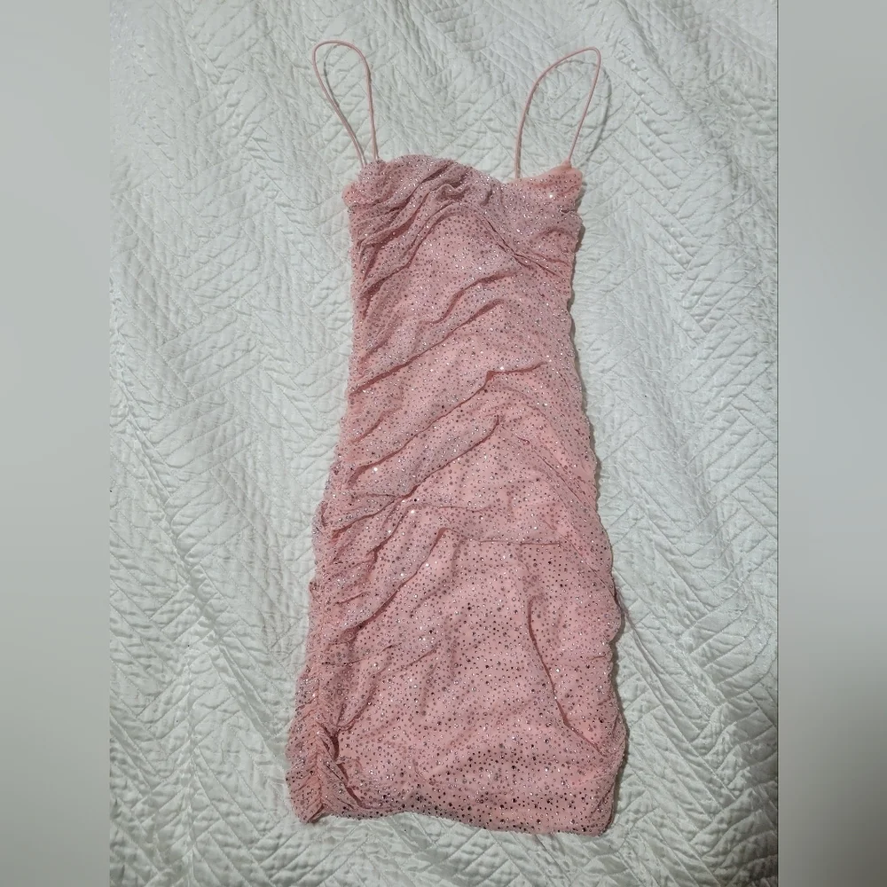 Oh Polly Blush Pink Rhinestone Ruched Mini Dress Size US 4 - Picture 2 of 5